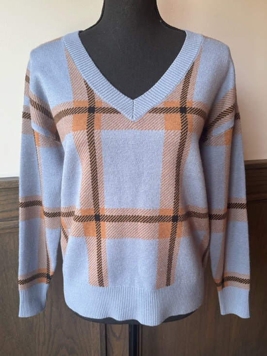Max Studio Sweaters - Max Studio Light Blue Plaid V-Neck Sweater with Tan and Black Accents small EUC